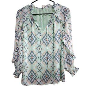 Cato Medium Mint Green Coral Geometric Ruffle Tie Neck Long Sleeve Blouse